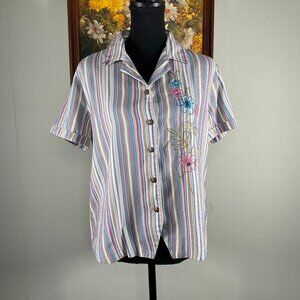 Alfred Dunner Button Up Shirt Top Women's 10 Multicolor Embroidered Floral